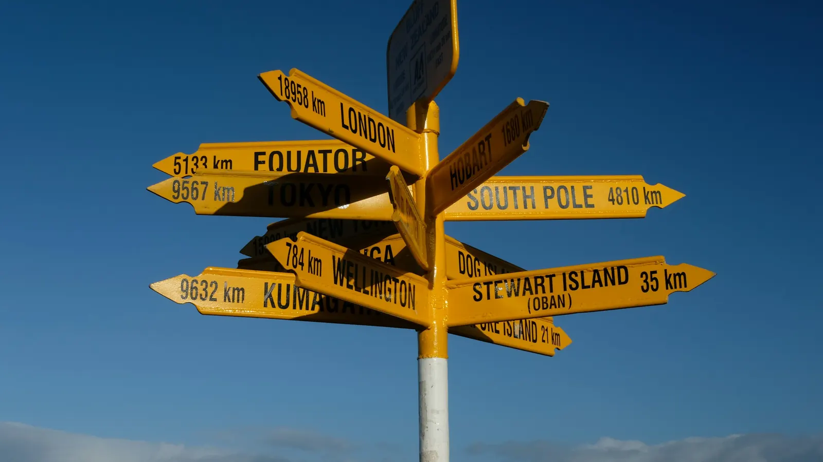 A yellow signpost with arrows pointing to cities around the world, against a blue sky